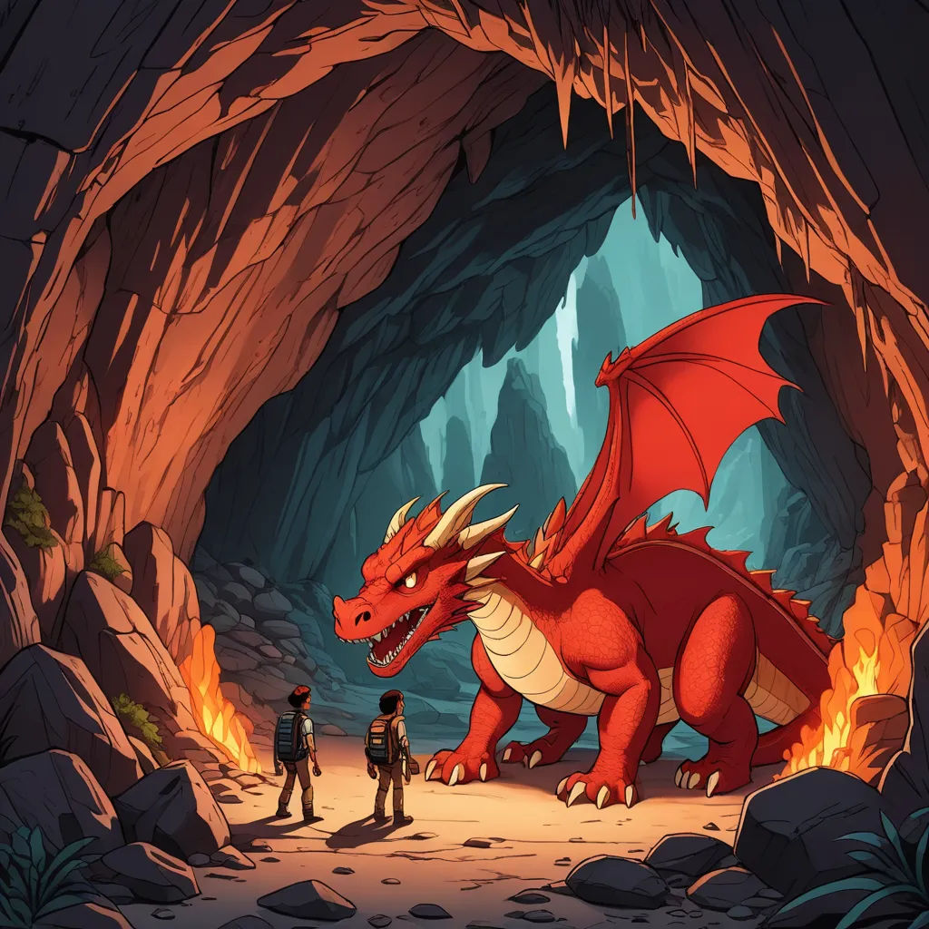 a red dragon is standing in a cave with two people standing in front of it and a man standing in front of it, fantasy art, a storybook illustration, Diego Gisbert Llorens, rossdraws global illumination