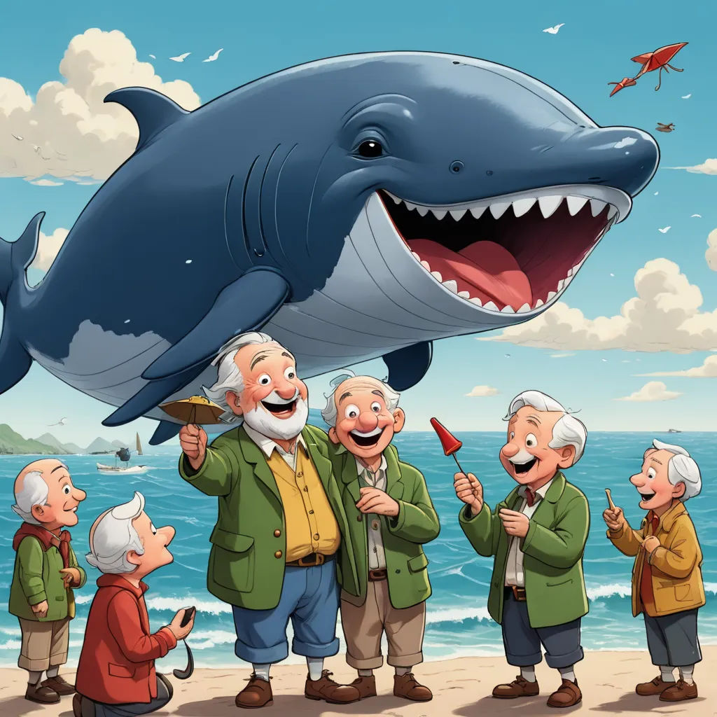 a group of people standing on a beach next to a giant shark on a pole with a man on it, pop surrealism, a storybook illustration, Diego Gisbert Llorens, storybook illustration
