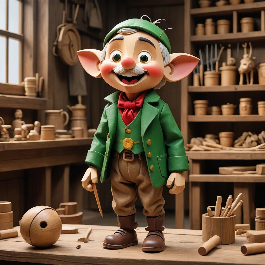 a toy of a man with a green jacket and red tie standing in a room full of wooden toys, arts and crafts movement, a 3D render, Cliff Childs, claymation