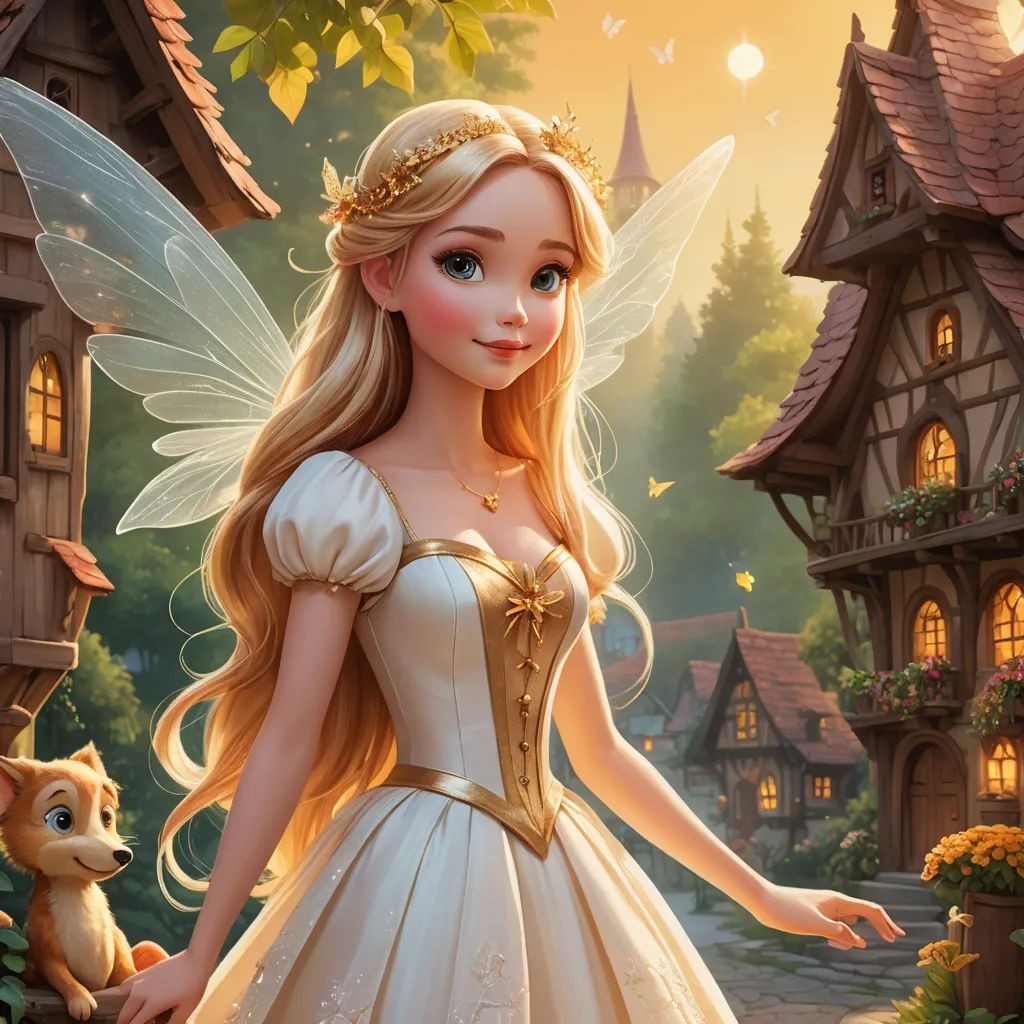a beautiful blonde fairy standing in front of a house with a cat on the ground next to her and a dog on the ground, fantasy art, a storybook illustration, disney, kinkade