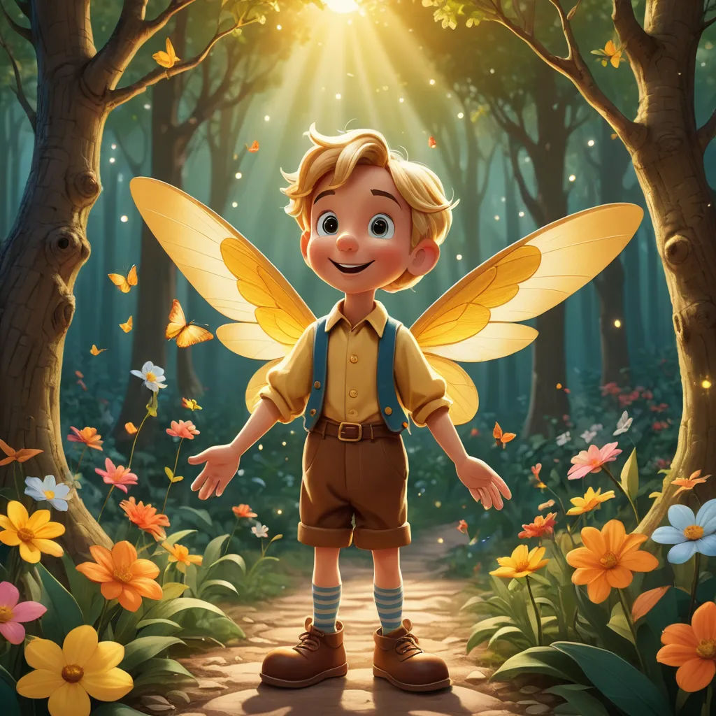 a little boy with a yellow butterfly wings standing in a forest with flowers and trees around him, with a bright light shining on the trees, fantasy art, a storybook illustration, Cliff Childs, rossdraws global illumination