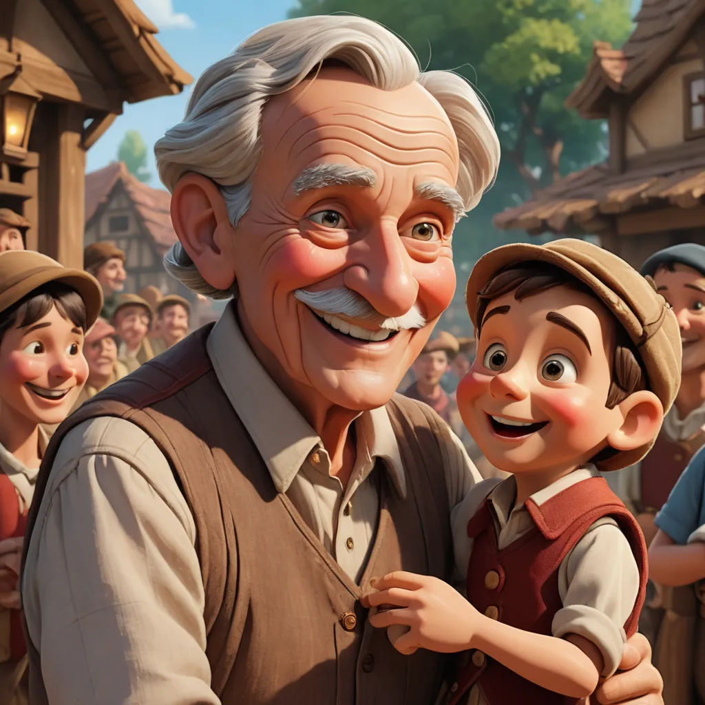 a man and a boy are smiling in front of a crowd of people in a village with a building, photorealism, a storybook illustration, Don Bluth, pixar and disney animation