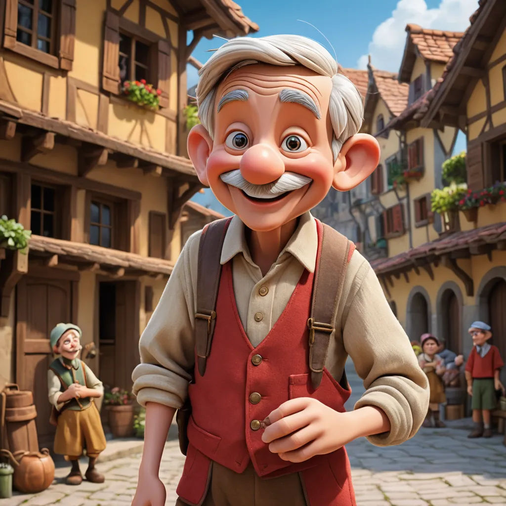 a cartoon character is standing in front of a village with people and a horse in the background, and a man in a red vest and tan shirt is standing in front of a, photorealism, a 3D render, Cliff Childs, unreal engine 5 quality render