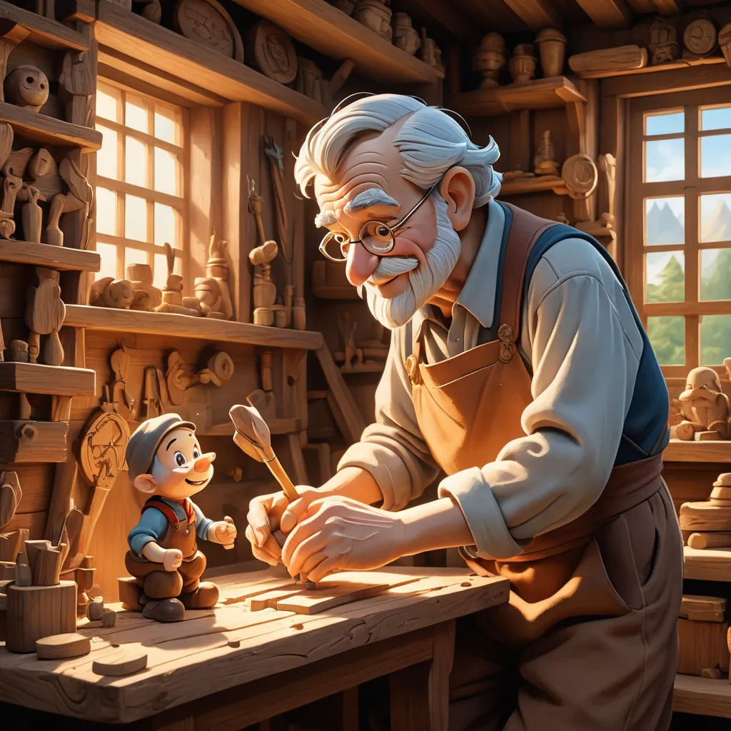 a cartoon of a man working on a wooden carving work bench with a gnome figurine nearby and a window, fantasy art, a storybook illustration, Evgeny Lushpin, cgstudio