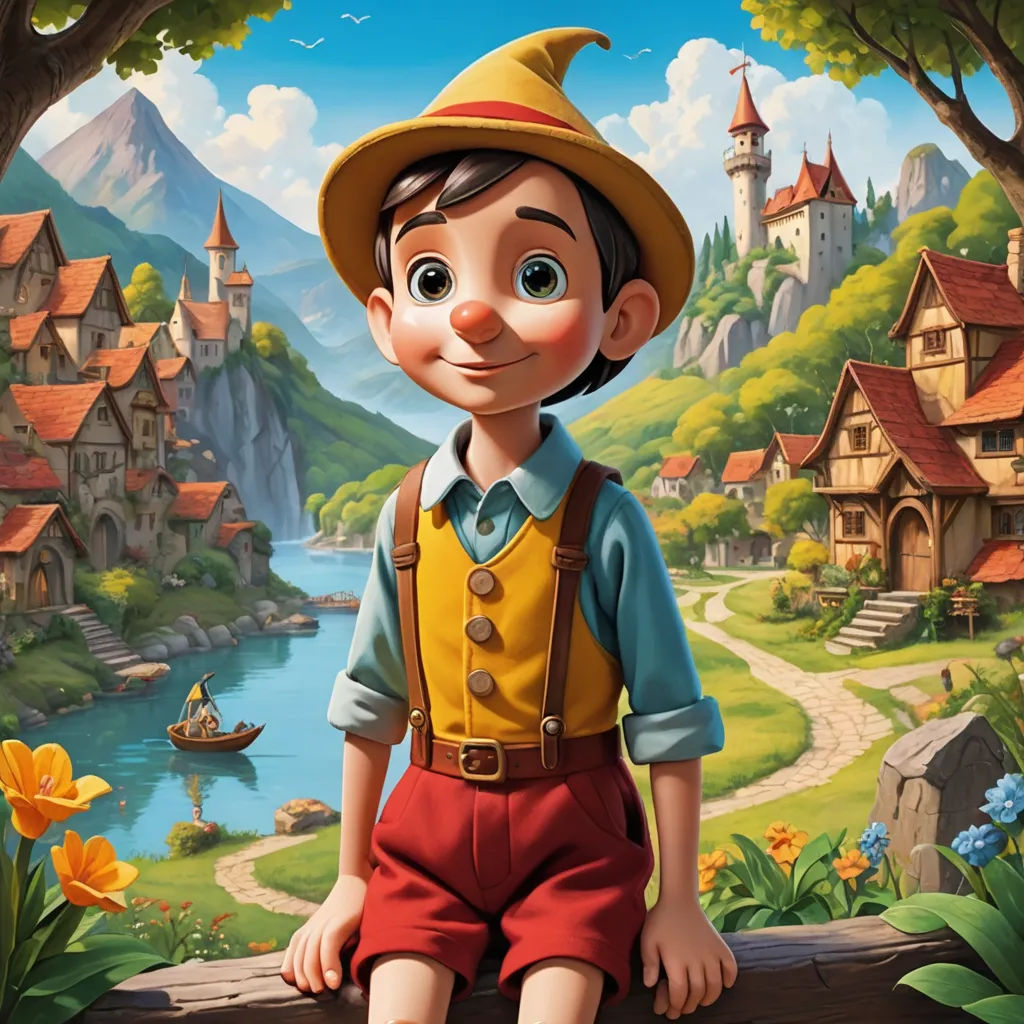 a boy sitting on a log in front of a village with a lake and a boat in the background, fantasy art, a character portrait, Bob Byerley, storybook illustration