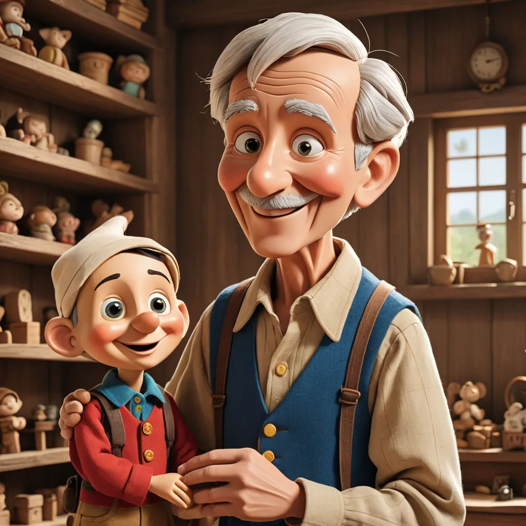 a cartoon of a man and a boy in a shop with shelves of dolls and a clock on the wall, photorealism, a storybook illustration, Cliff Childs, pixar and disney animation