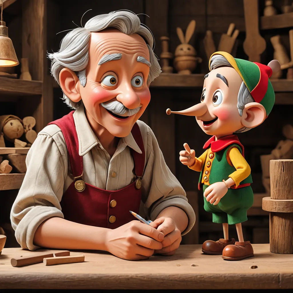 a cartoon of a man and a gnome sitting at a table with a pencil in his mouth and a wooden block in front of him, cynical realism, a storybook illustration, Don Bluth, pixar and disney animation
