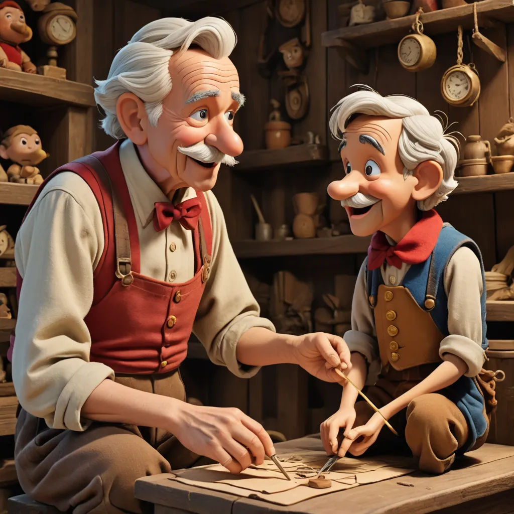 a cartoon of two men working on a piece of wood with a knife and fork in front of them, arts and crafts movement, a storybook illustration, Cliff Childs, pixar and disney animation