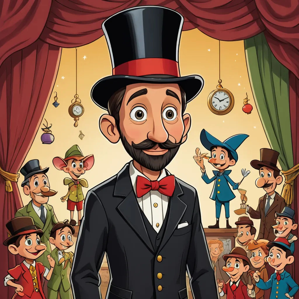 a man in a top hat and a suit with a group of people behind him in a theater scene, magic realism, a character portrait, Diego Gisbert Llorens, promotional image