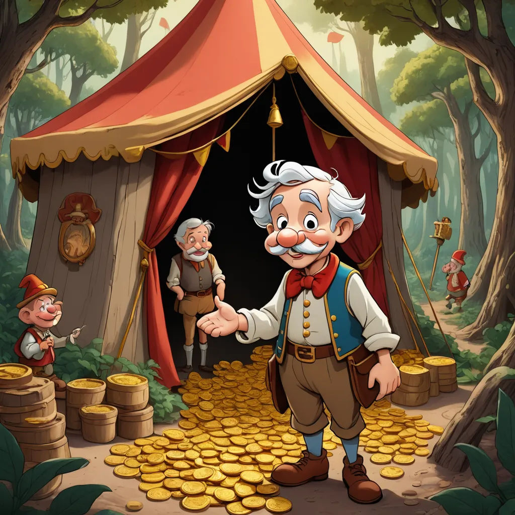 a man standing in front of a tent with gold coins in it and a little boy standing next to it, fantasy art, a storybook illustration, Cliff Childs, storybook illustration