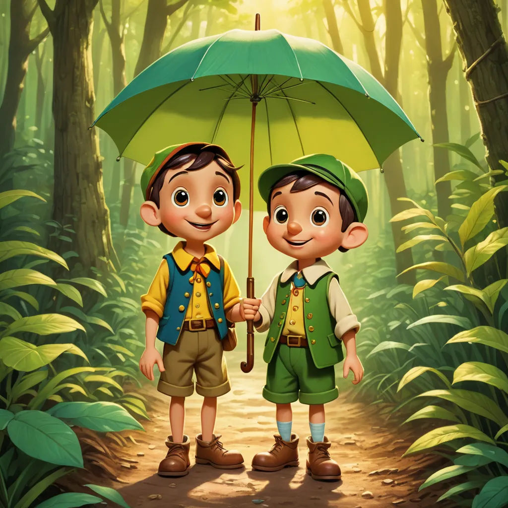two children standing under an umbrella in the woods together, with a forest background and sunlight shining through the trees, sots art, a storybook illustration, Brothers Hildebrandt, promotional image