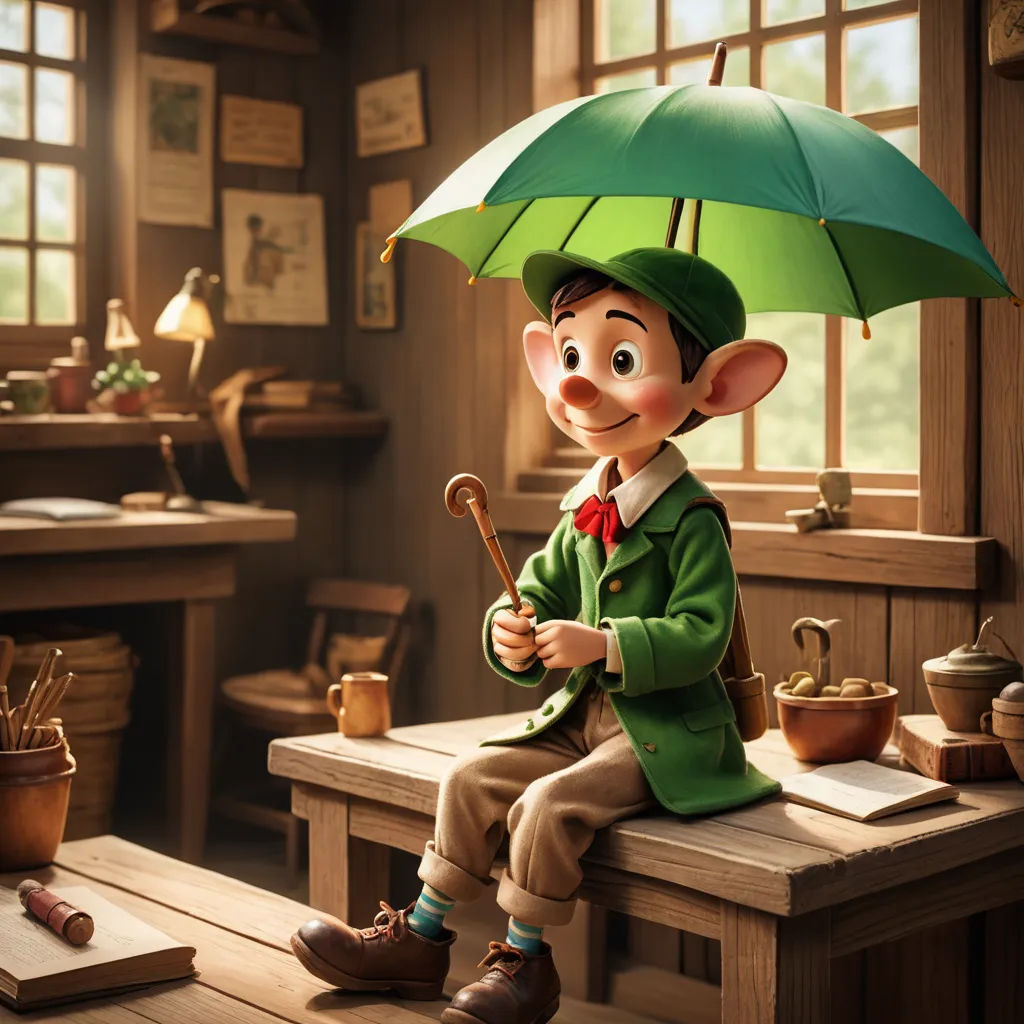 a cartoon character sitting on a bench holding an umbrella over his head and a potted plant in the background, photorealism, a storybook illustration, Cliff Childs, rossdraws global illumination
