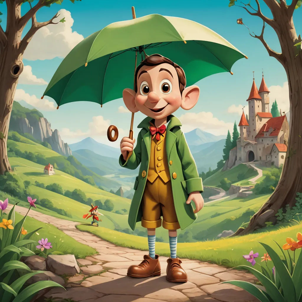 a cartoon character holding an umbrella in a forest with a castle in the background and a path leading to it, viennese actionism, a storybook illustration, Chris LaBrooy, official art