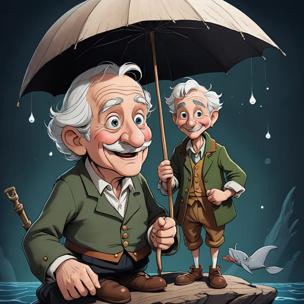 a cartoon of a man holding an umbrella next to a man in a green suit and a bird on a rock, fantasy art, a storybook illustration, Cyril Rolando, storybook illustration
