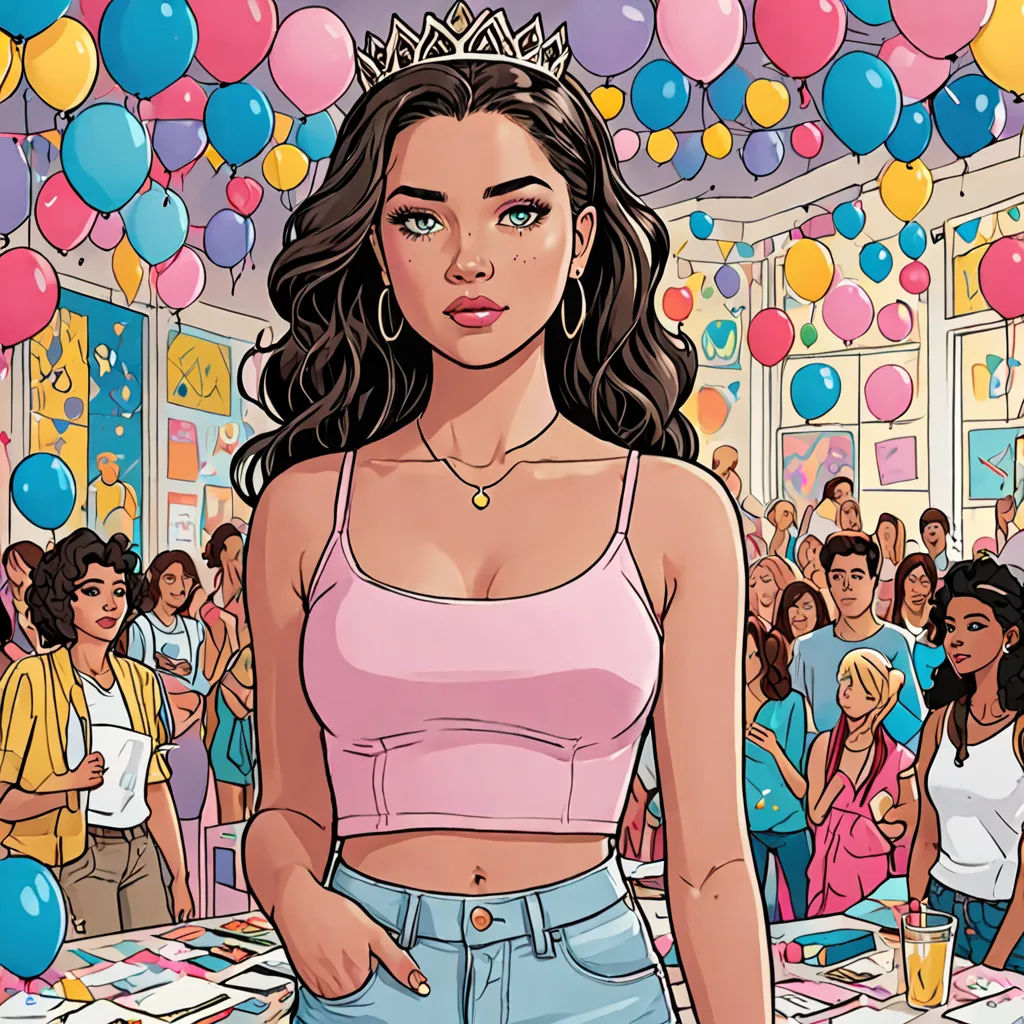 a woman in a pink top and blue jeans standing in front of a table with balloons and a crown on it, maximalism, a character portrait, artist, comic cover art