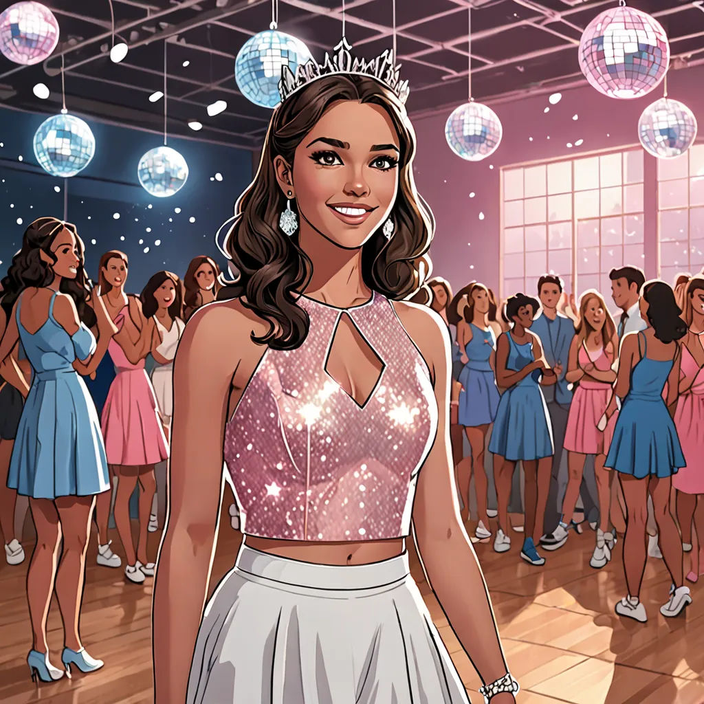 a woman in a dress standing in front of a crowd of people wearing disco balls and tiaras,, sots art, a comic book panel, Ella Guru, comic cover art