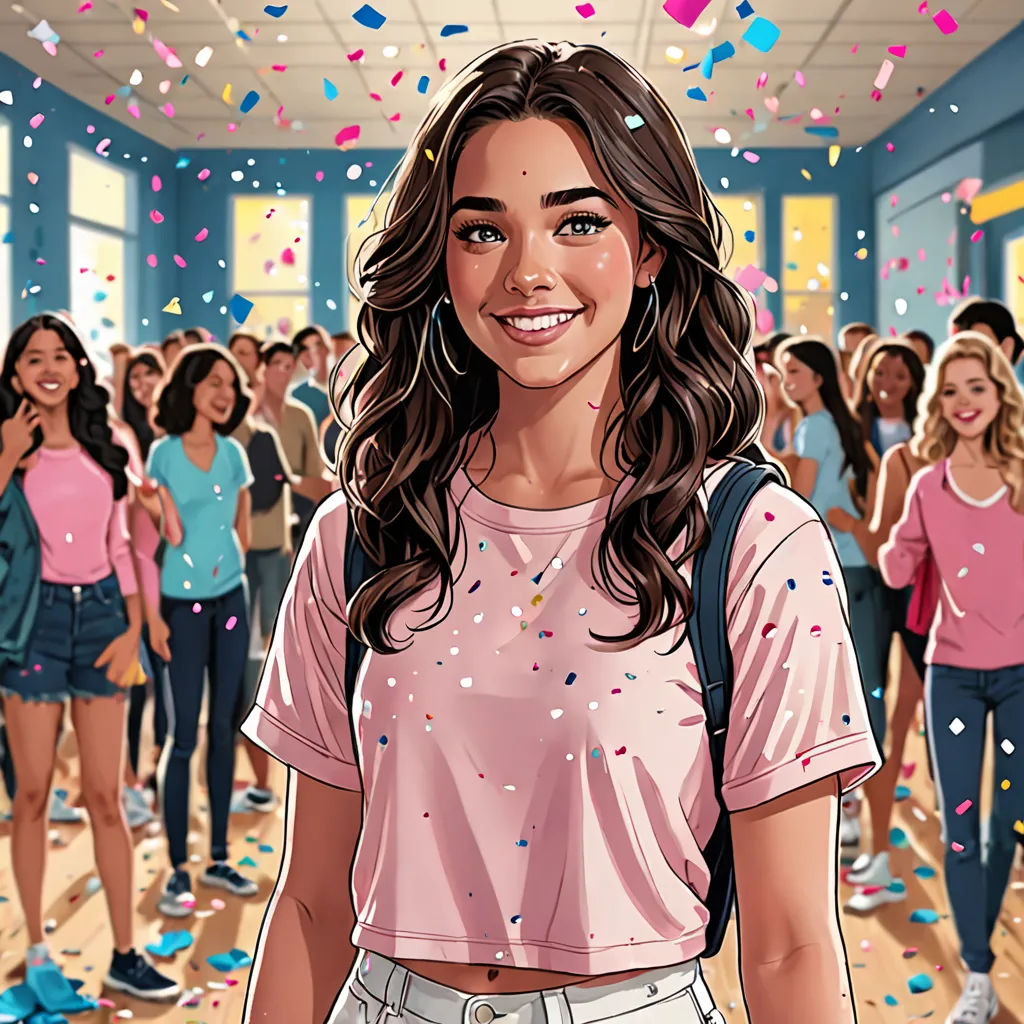 a woman in a pink shirt and white shorts standing in front of a crowd of people with confetti on their heads, paris school, a comic book panel, Constance Gordon-Cumming, comic cover art