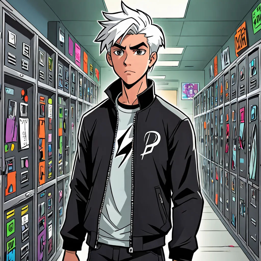 a man in a black jacket standing in a room full of books and files with a white hair and a black jacket, shock art, a character portrait, David Park, official art