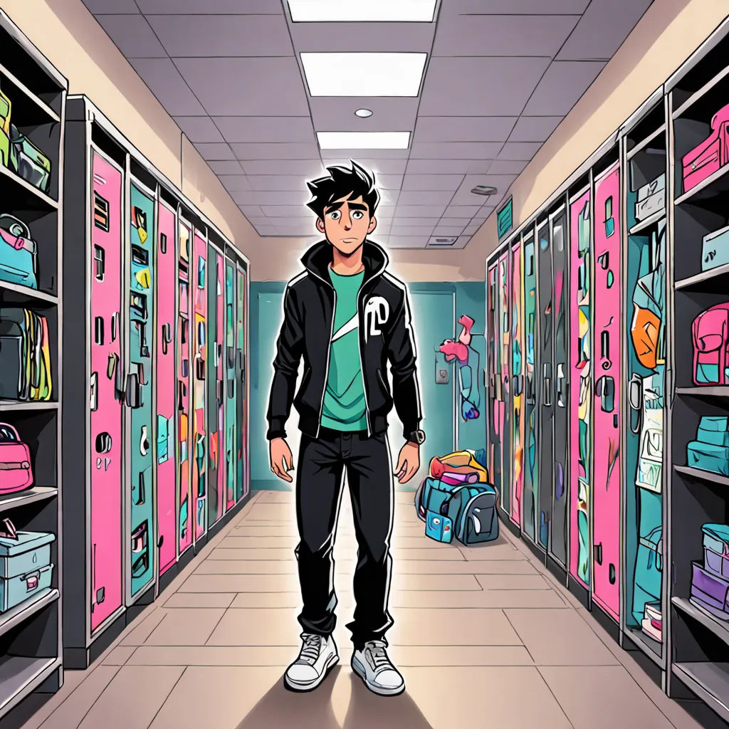 a man standing in a hallway with a backpack and a suitcase in front of him and a pink locker full of school supplies, serial art, a comic book panel, Adam Rex, comic cover art