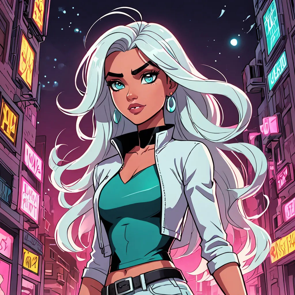 a woman with white hair and blue eyes standing in a city at night with neon signs and buildings in the background, fantasy art, a character portrait, Artgerm, comic cover art