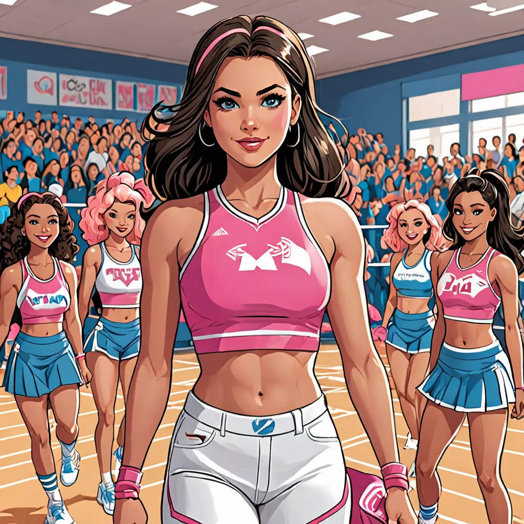 a cartoon of a woman in a pink top and white shorts with a group of cheerleaders behind her, maximalism, a comic book panel, Artgerm, comic cover art