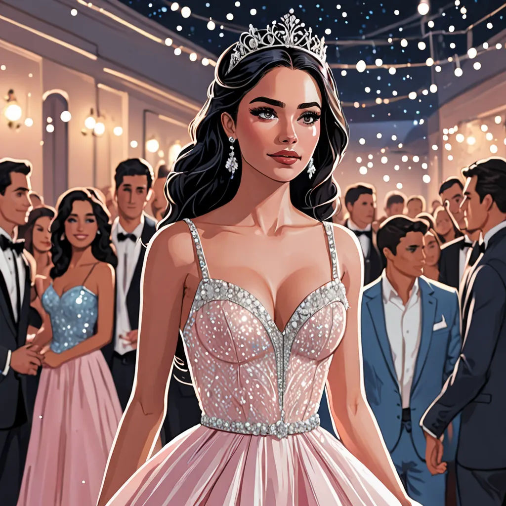 a woman in a pink dress standing in front of a crowd of people in tuxedos and suits, sots art, a storybook illustration, Altoon Sultan, comic cover art