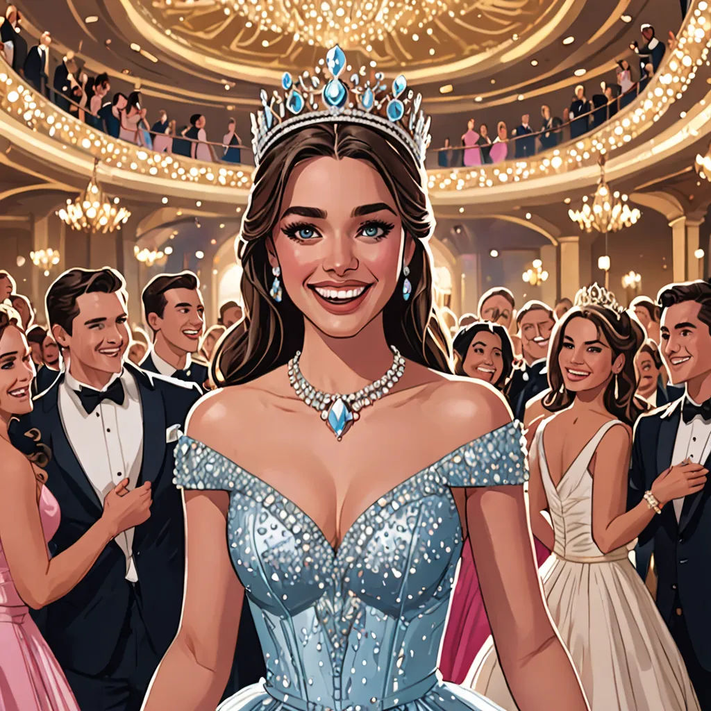 a cartoon of a woman in a blue dress surrounded by other people in formal wear and a tiara, sots art, a storybook illustration, Chris LaBrooy, official art