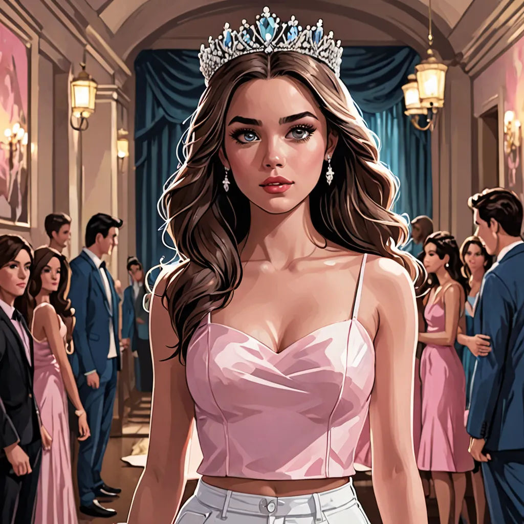a woman in a pink dress and a tiara standing in a crowd of people in formal wear and evening wear, sots art, a comic book panel, Edwin Georgi, comic cover art