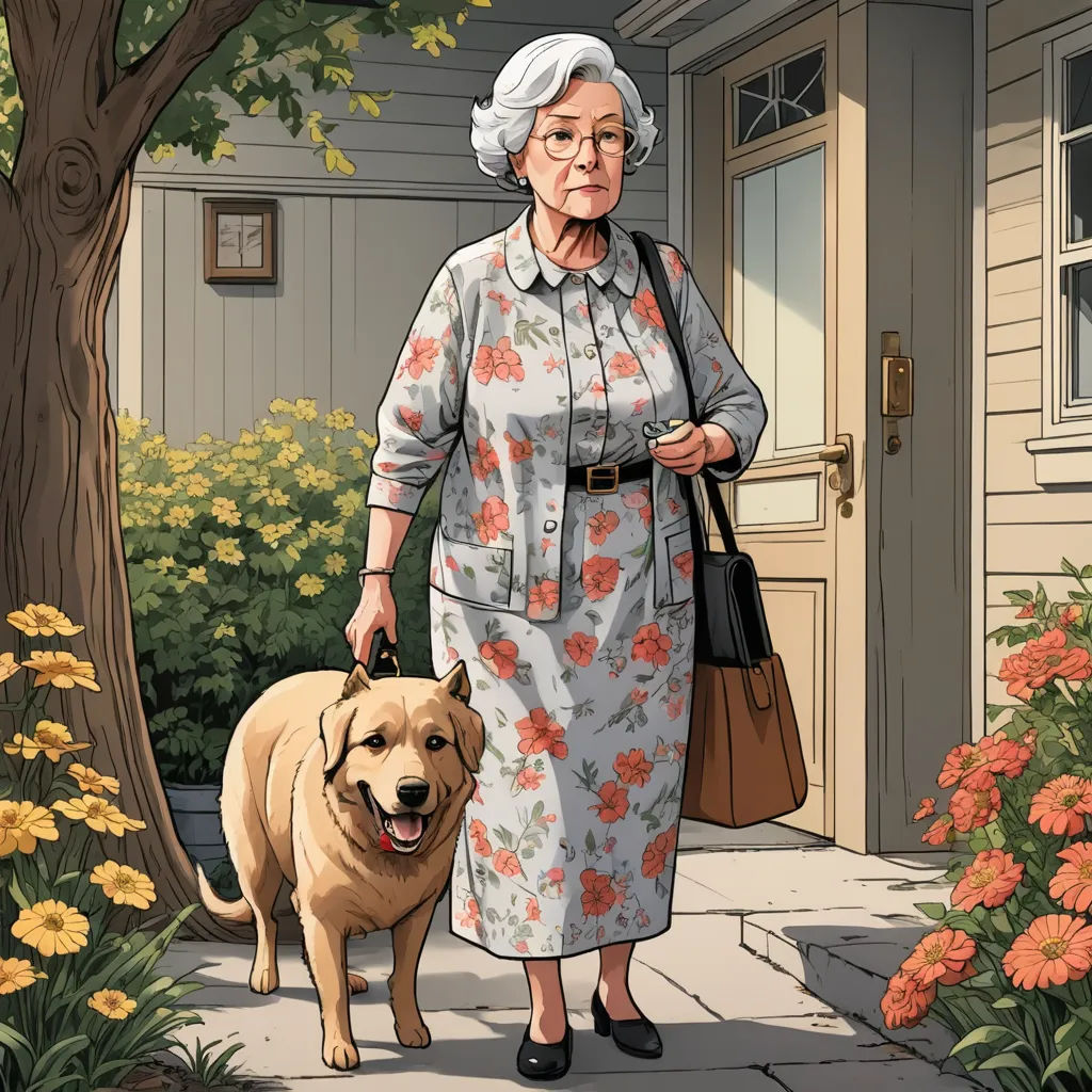 a woman walking a dog down a sidewalk next to a house with flowers on it and a tree in the background, sots art, a storybook illustration, Dorothy Burroughes, official art