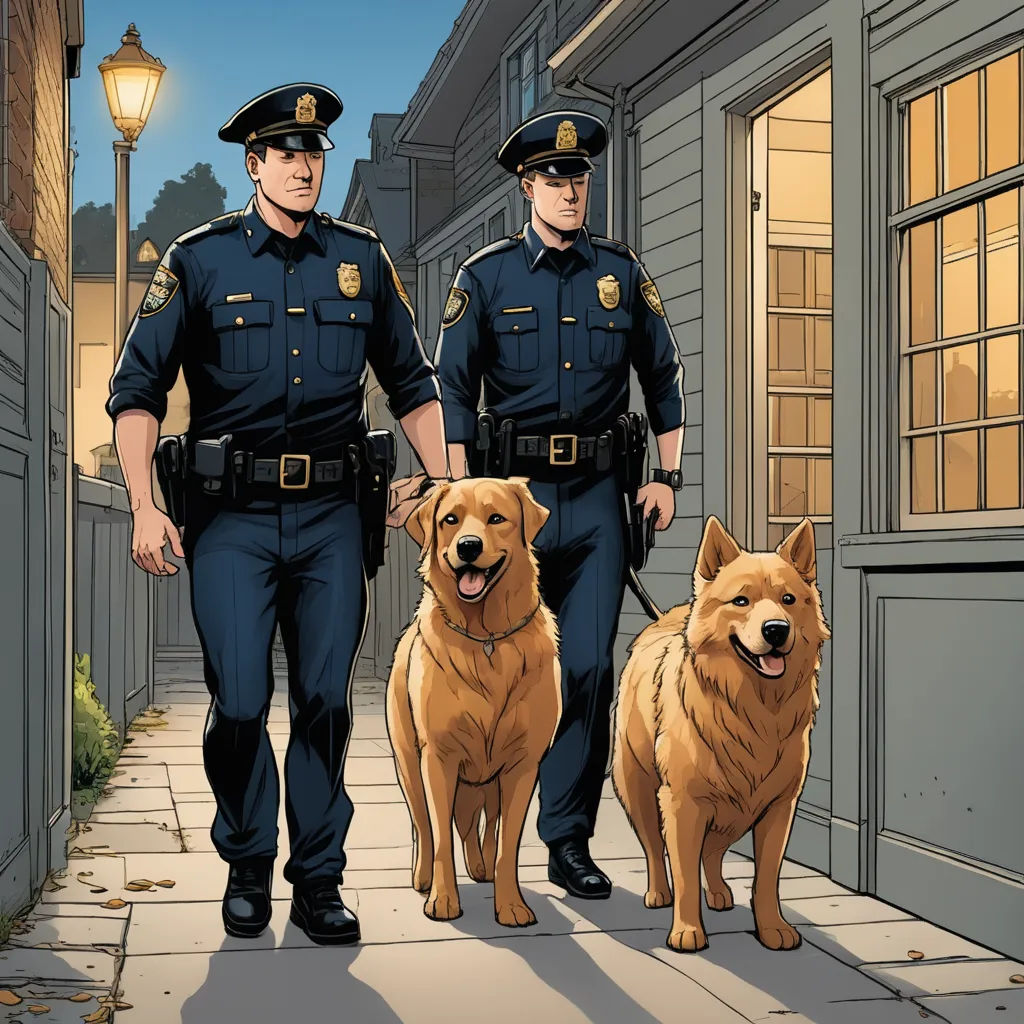 a couple of police officers walking down a street with their dogs on leashes and a dog on the leash, furry art, a comic book panel, Brothers Hildebrandt, official art