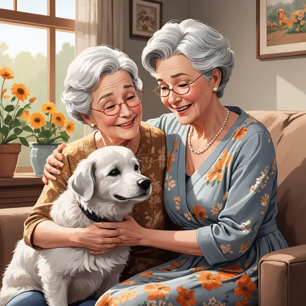a painting of two women sitting on a couch with a dog in front of them and a vase of flowers, american scene painting, a storybook illustration, Bob Byerley, storybook illustration
