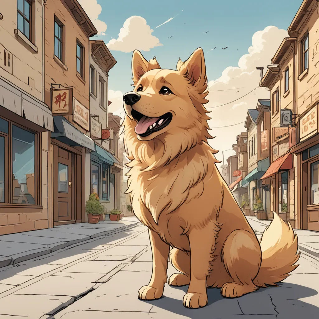 a dog sitting on a sidewalk in front of a building with a sky background and a street sign in the foreground, furry art, a storybook illustration, Chris LaBrooy, game art