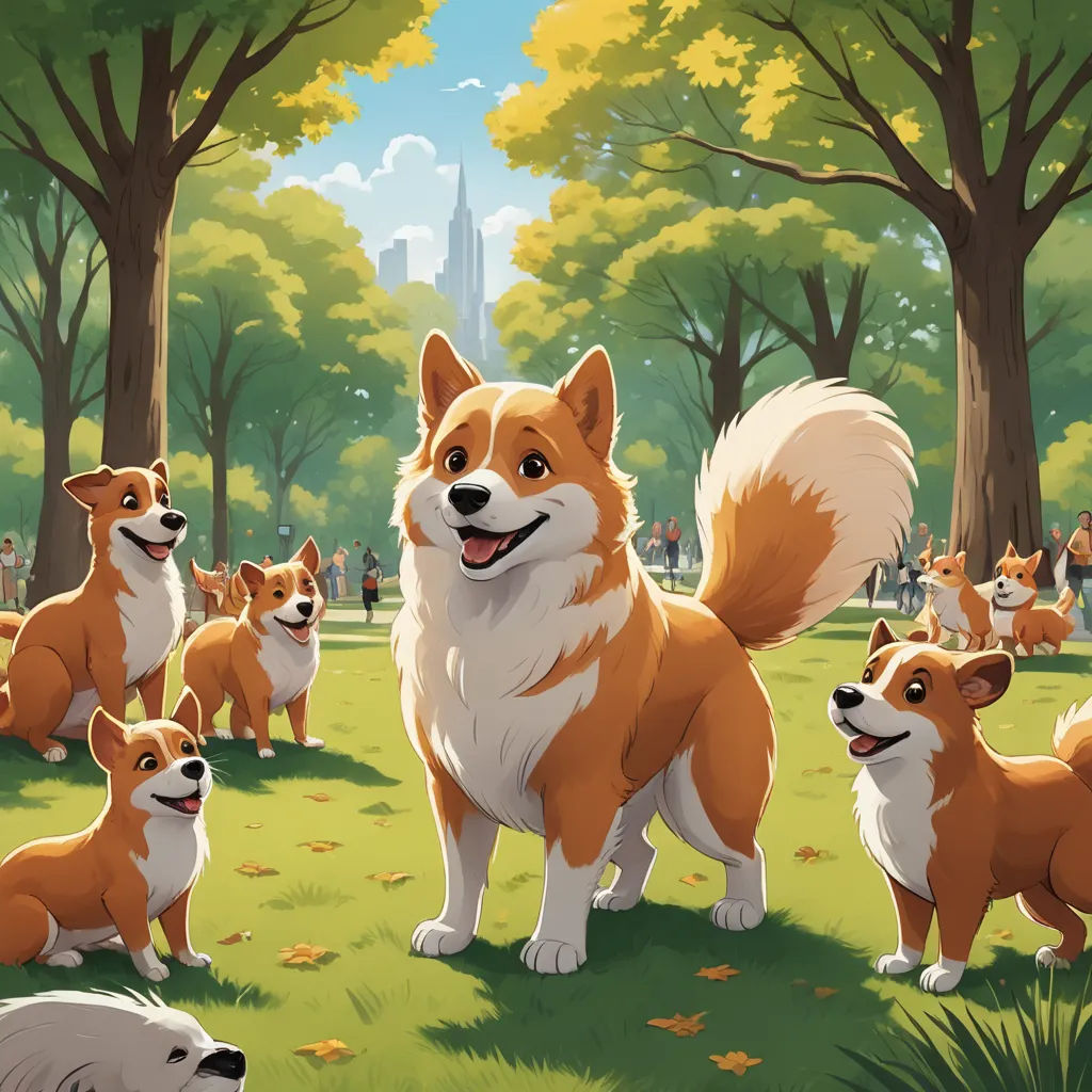 a group of dogs standing on top of a lush green field next to trees and grass covered ground with leaves, furry art, a storybook illustration, Chris LaBrooy, official art
