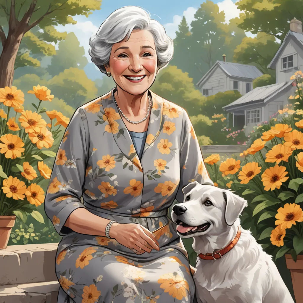 a painting of a woman sitting next to a dog on a porch with flowers in the background and a house in the background, american scene painting, a character portrait, Doris Blair, character portrait