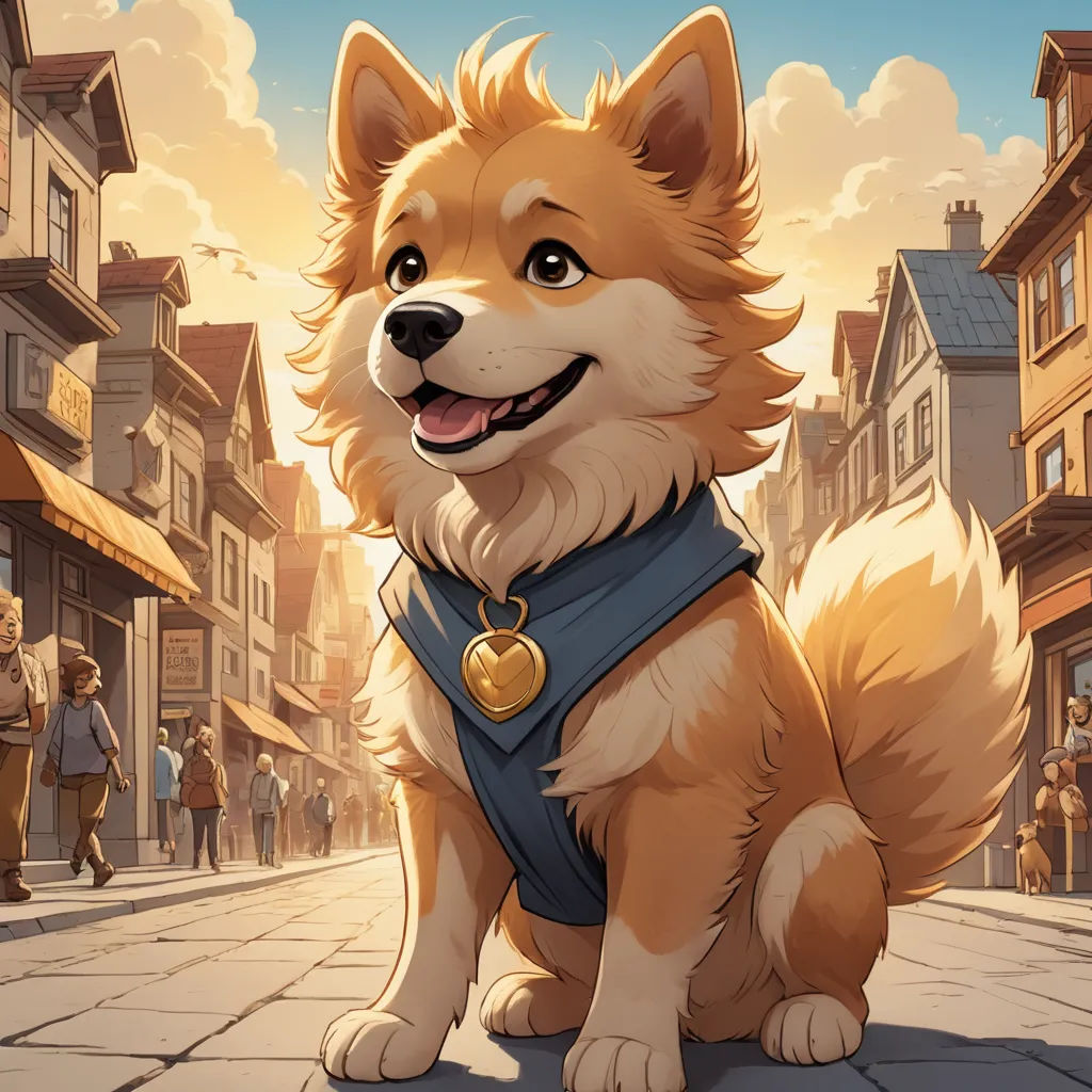 a dog sitting on a street with a city in the background and people walking around it, with a sky background, furry art, a character portrait, Chris Rallis, official art