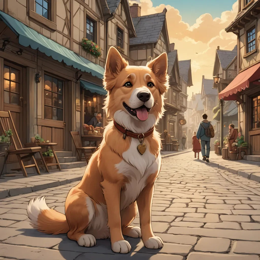 a dog sitting on a cobblestone street in a town with a man walking by and a woman walking by, furry art, a storybook illustration, Chris LaBrooy, kinkade