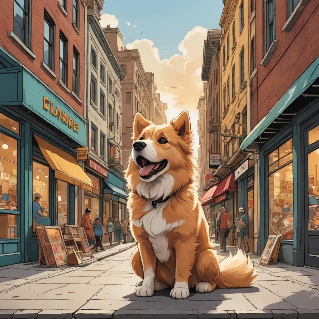 a dog sitting on a city street with a building in the background and people walking by on the sidewalk, furry art, a comic book panel, Chris LaBrooy, comic cover art