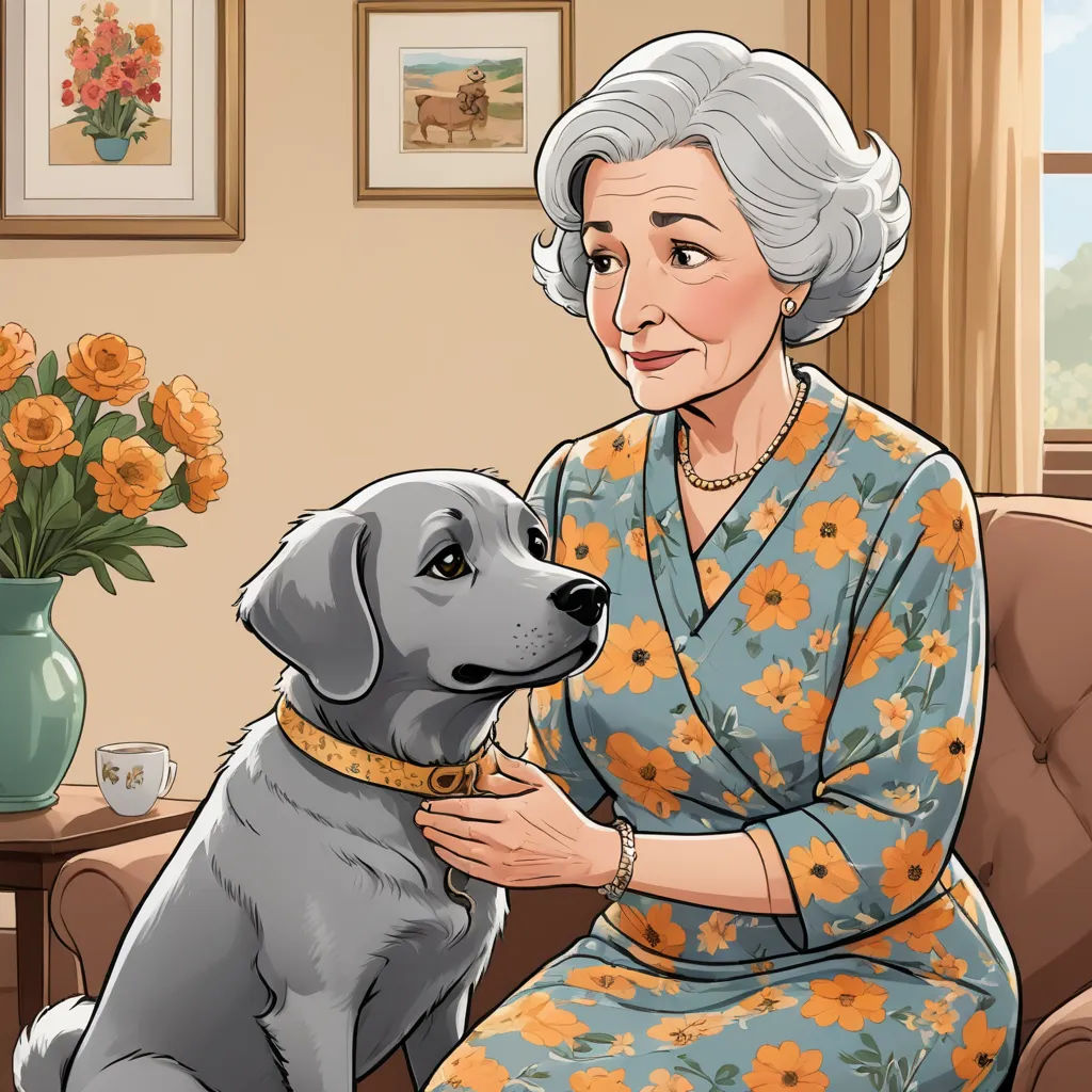 a woman sitting on a chair with a dog in her lap and a vase of flowers in the background, sots art, a character portrait, Brenda Chamberlain, promotional image