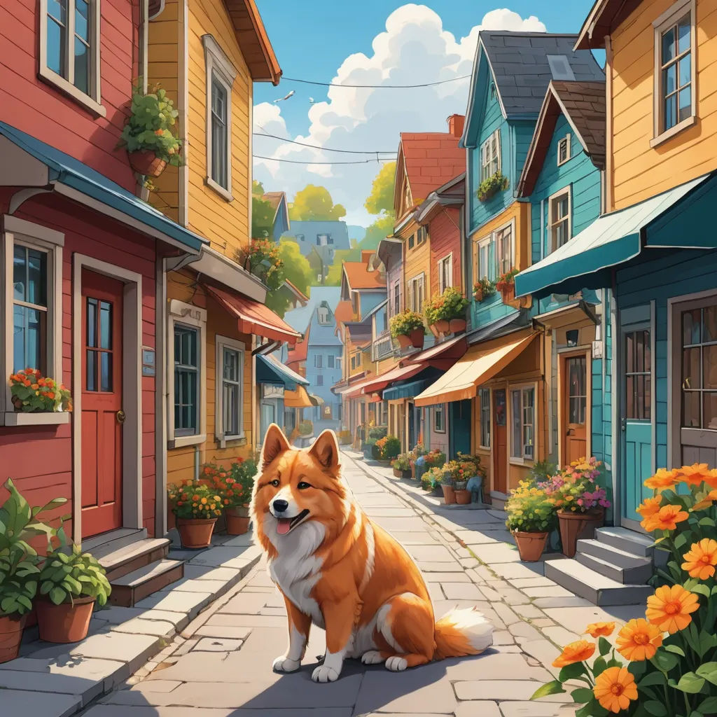 a dog sitting on a sidewalk in front of a row of houses with flowers in the foreground and a sky background, furry art, a storybook illustration, Evgeny Lushpin, kinkade