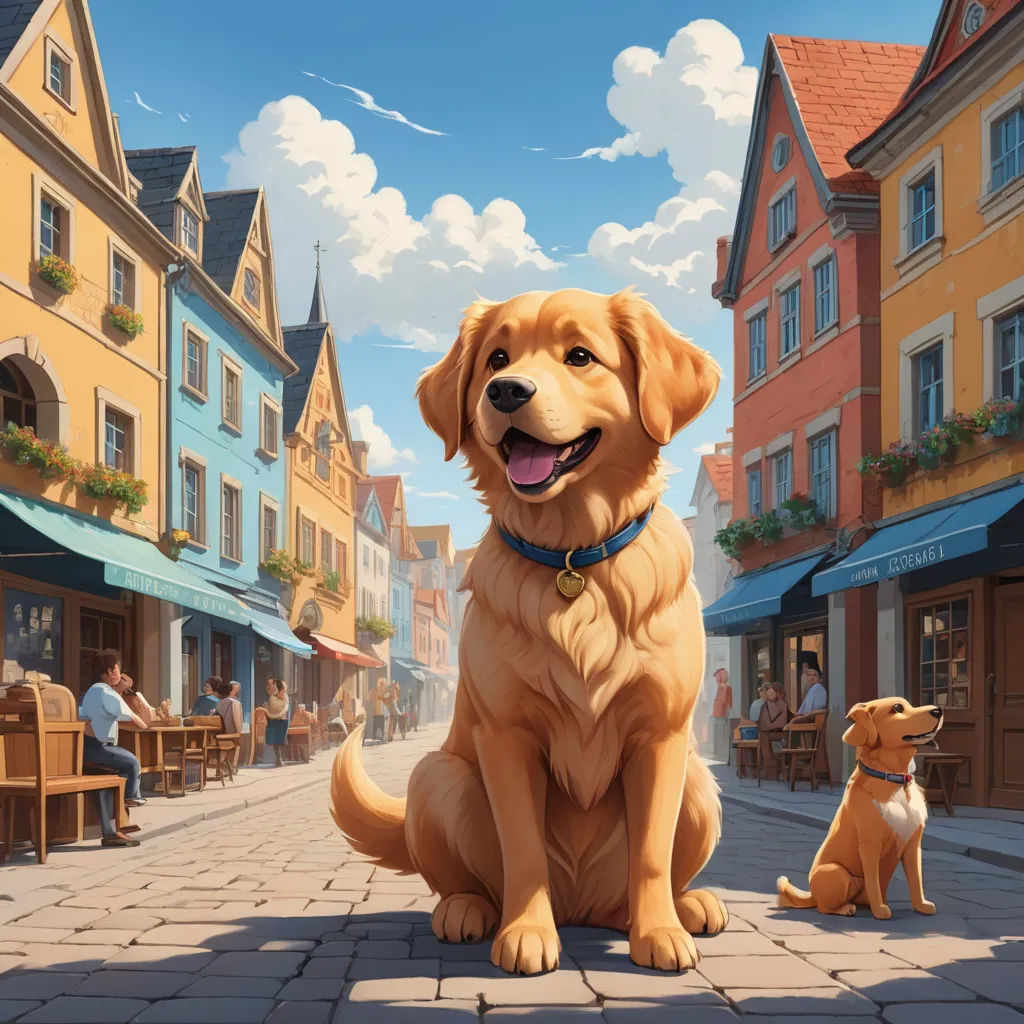a dog sitting on a sidewalk next to a dog sitting on the ground in front of a building with a sky background, american scene painting, a storybook illustration, Chris LaBrooy, official art