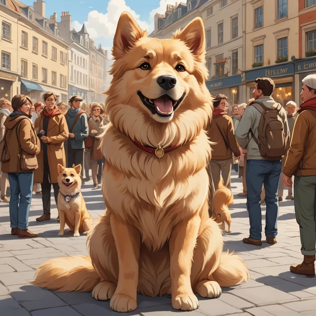 a painting of a dog sitting on a sidewalk with people standing around it and buildings in the background,, furry art, a storybook illustration, Chris LaBrooy, official art