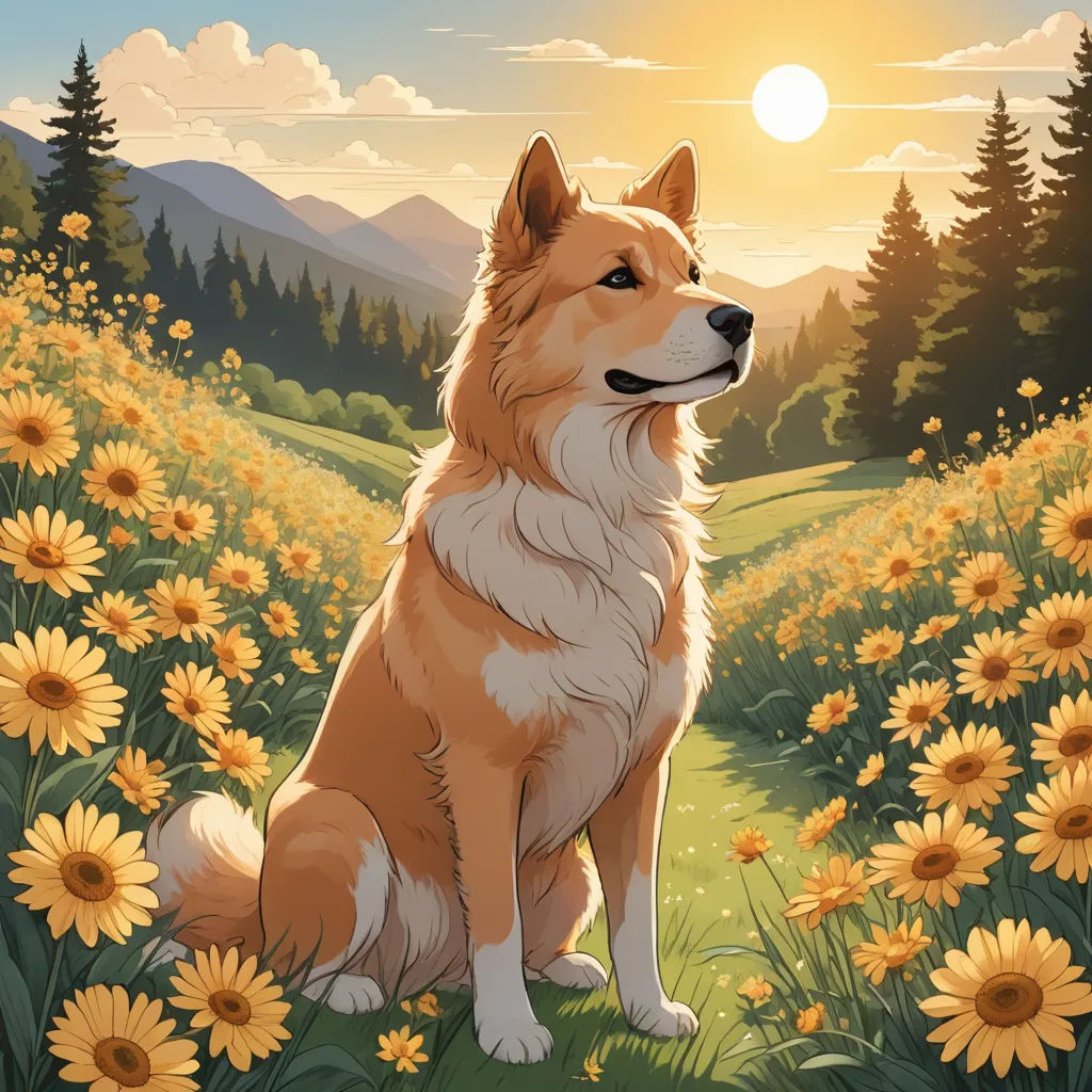 a dog sitting in a field of sunflowers with a mountain in the background and a sun setting, furry art, a fine art painting, artist, sun