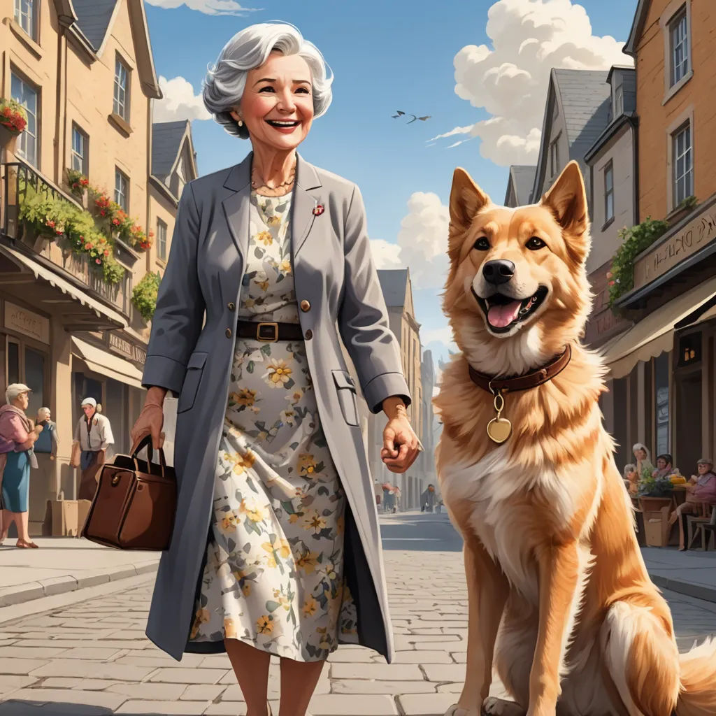a woman walking a dog down a street next to a building with a sky background and a sky filled with clouds, american scene painting, concept art, Chris LaBrooy, official art