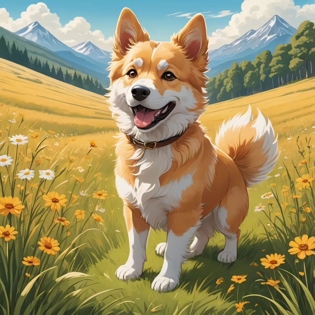 a dog standing in a field of flowers with mountains in the background and a sky with clouds in the background, furry art, a fine art painting, Chris LaBrooy, official art