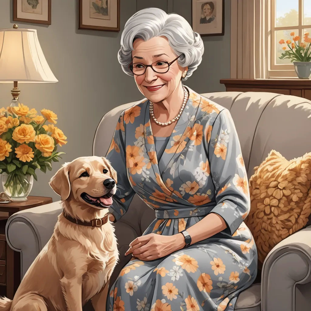 a painting of a woman sitting on a couch with a dog next to her and a vase of flowers, american scene painting, a character portrait, Brenda Chamberlain, highly detailed digital painting