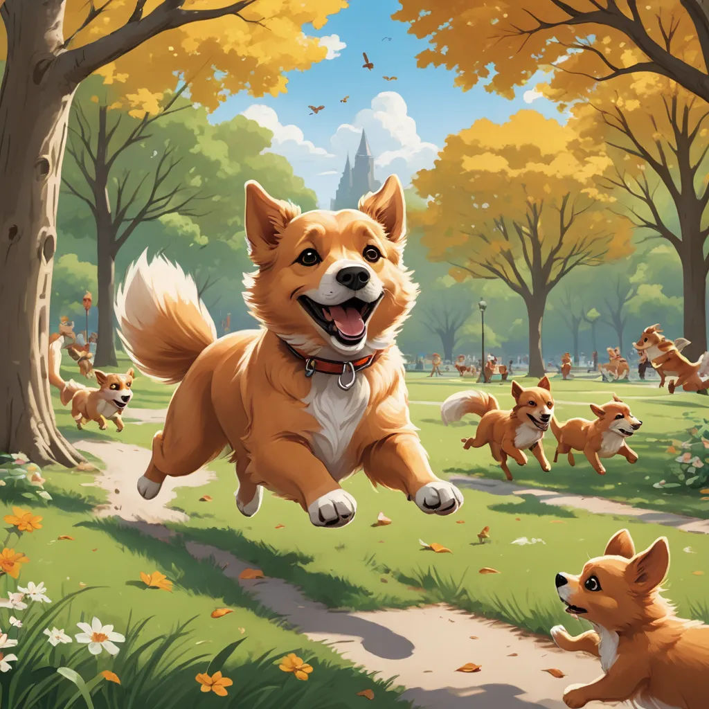 a dog is running through a park with other dogs in the background and a person in the foreground, sots art, a storybook illustration, Chris LaBrooy, official art