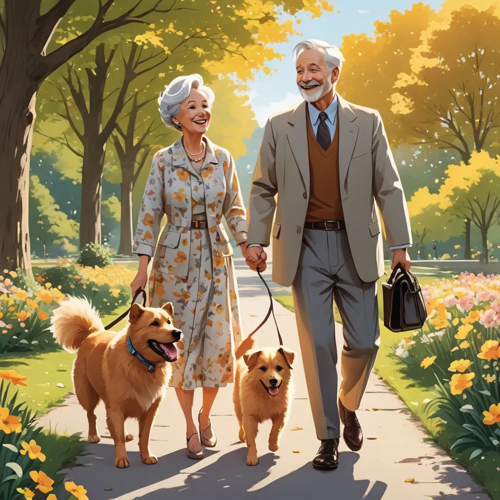 a man and woman walking two dogs down a path in a park with flowers on both sides of the path, american scene painting, a storybook illustration, Evgeny Lushpin, official art