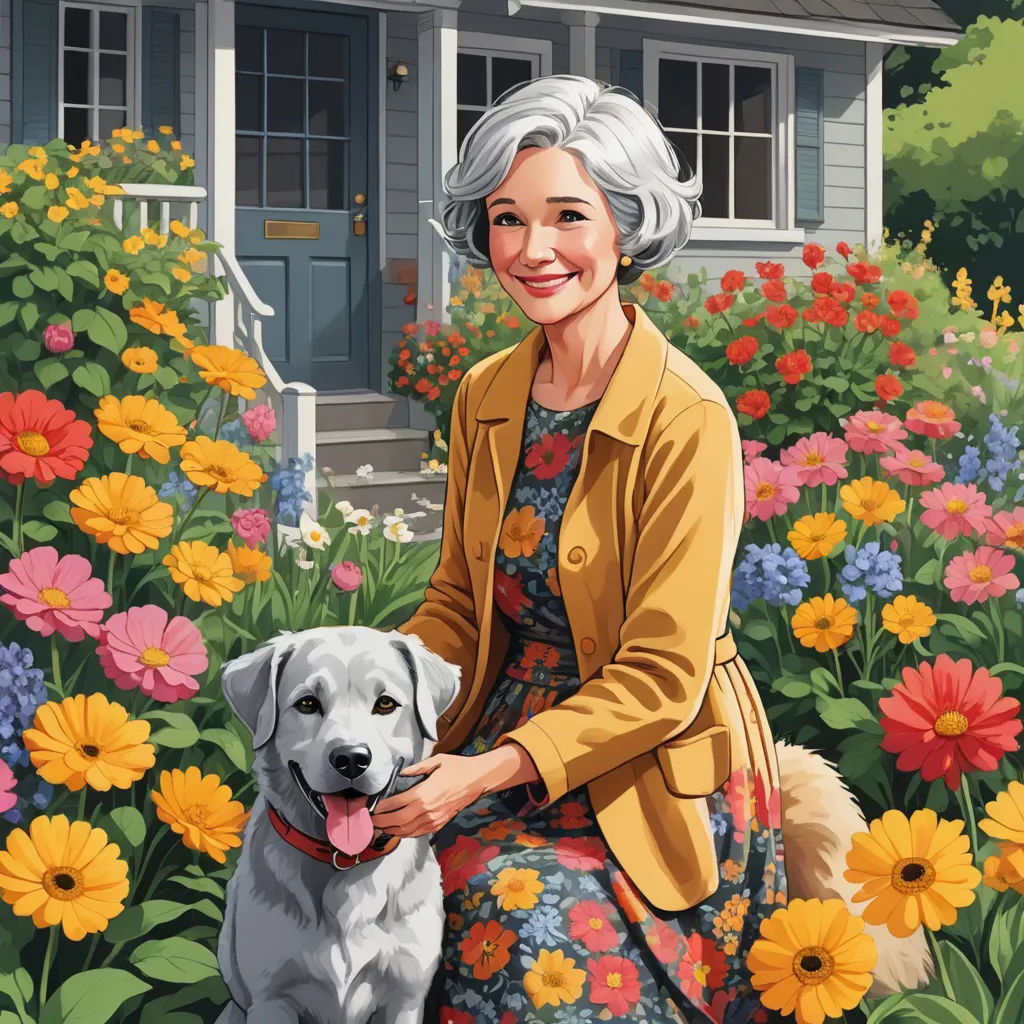 a woman sitting on a bench with a dog in front of a house and flowers in the yard behind her, american scene painting, a storybook illustration, Eileen Aldridge, highly detailed digital painting
