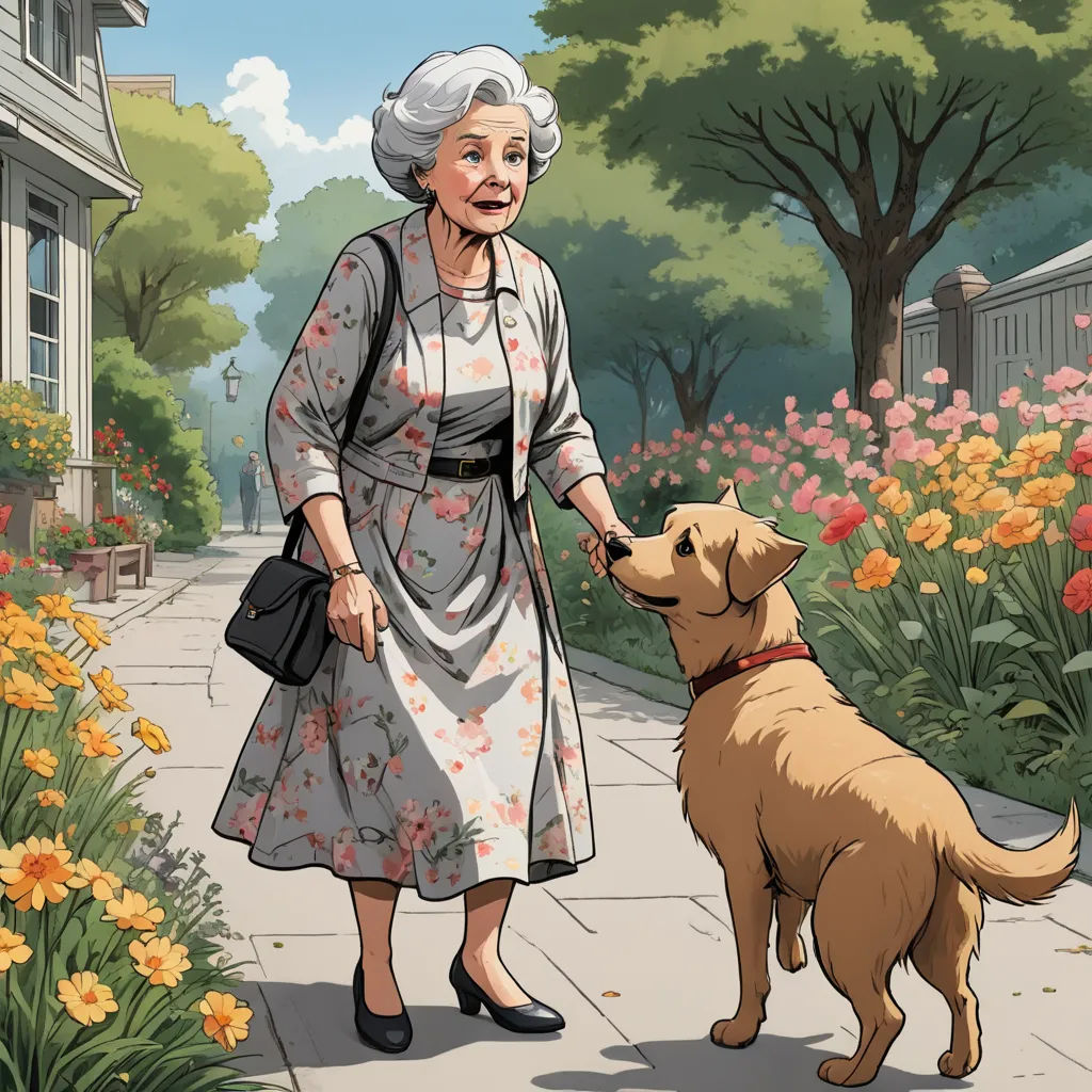 a woman in a dress is petting a dog on a sidewalk with flowers in the background and a house, american scene painting, a comic book panel, Brenda Chamberlain, comic cover art