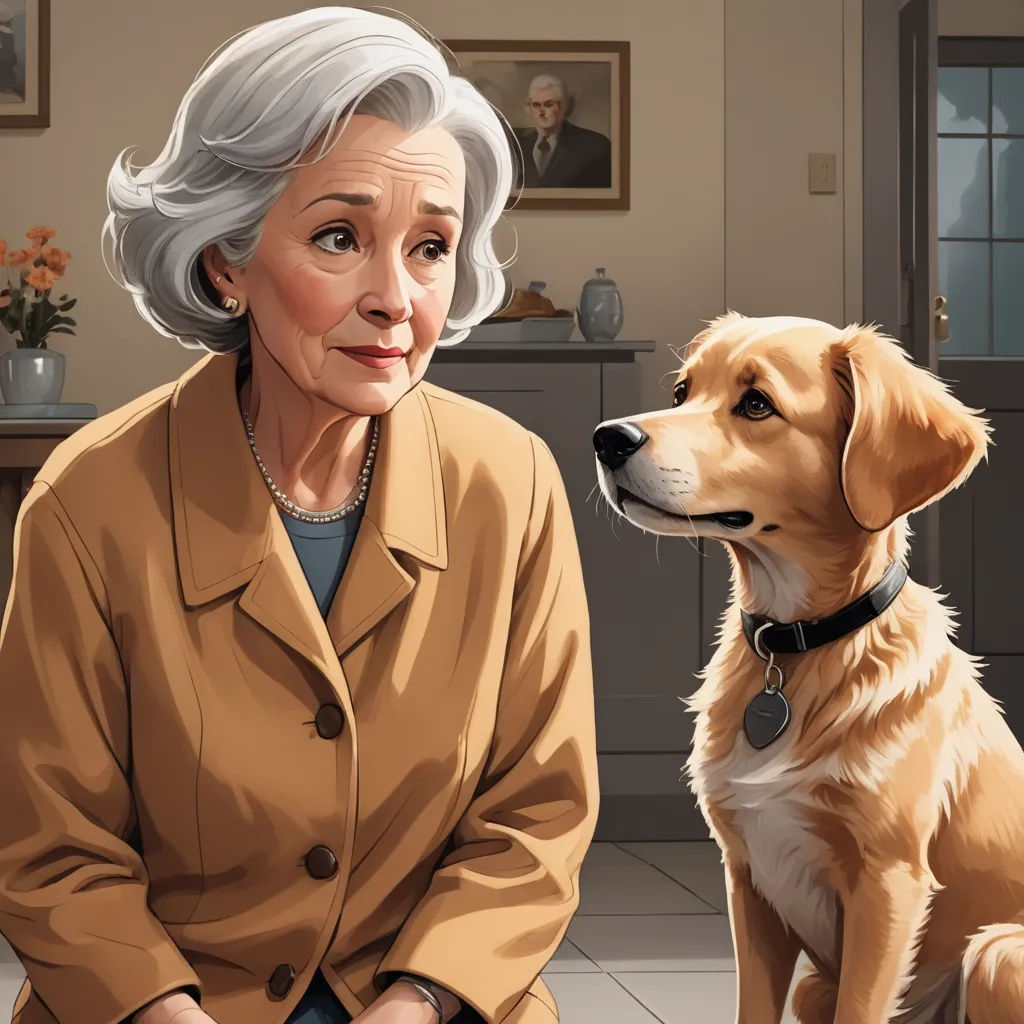a painting of a woman sitting next to a dog on a kitchen floor with a potted plant in the background, american scene painting, a storybook illustration, Ancell Stronach, promotional image